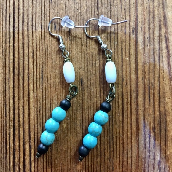 Turquoise Blue and White Beaded Dangle Ladies Earrings, Handmade - Picture 1 of 4